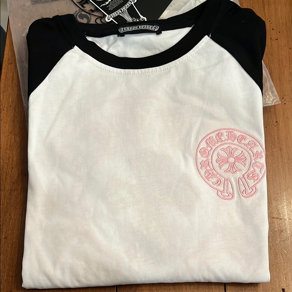 Chrome Hearts Black and White Tee with Pink Logo